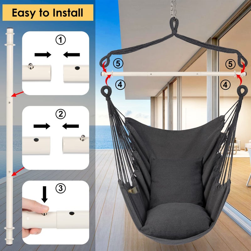 Y- STOP Hammock Chair Hanging Rope Swing Chair, Max 500 Lbs, 2 Seat Cushions Included, Removable Steel Spreader Bar with Anti-Slip Rings, Hardware kit-for Indoor Outdoor(Dark Grey) pcs - Image 5